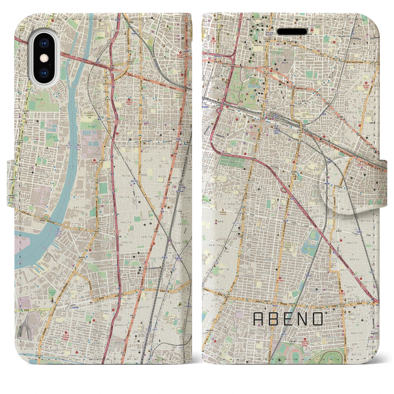 【阿倍野(大阪府)】地図柄iPhoneケース(手帳タイプ)ナチュラル・iPhone XS Max 用