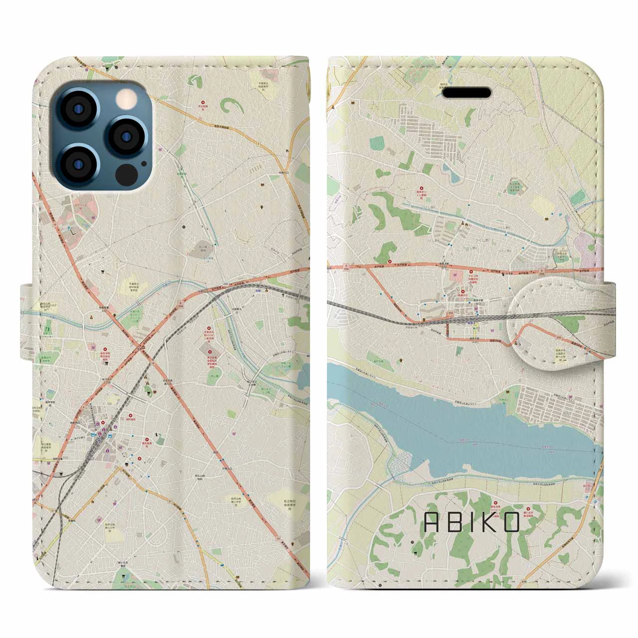 【我孫子(千葉県)】地図柄iPhoneケース(手帳タイプ)ナチュラル・iPhone 12 / 12 Pro 用
