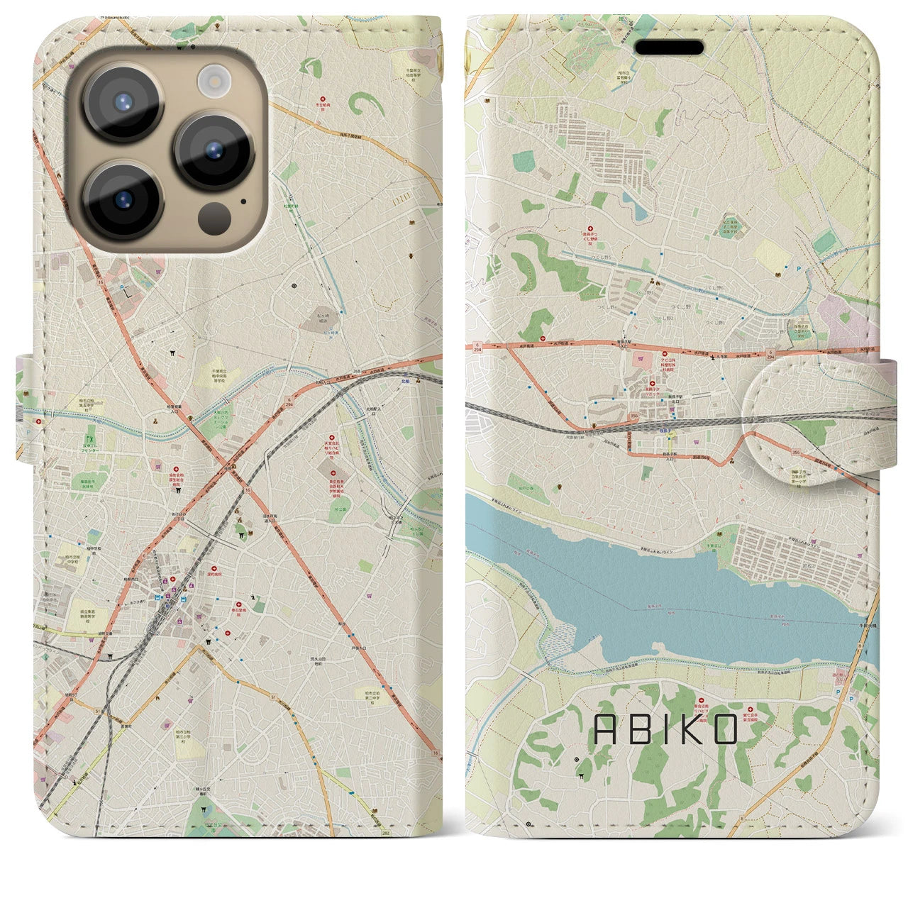 【我孫子(千葉県)】地図柄iPhoneケース(手帳タイプ)ナチュラル・iPhone 14 Pro Max 用