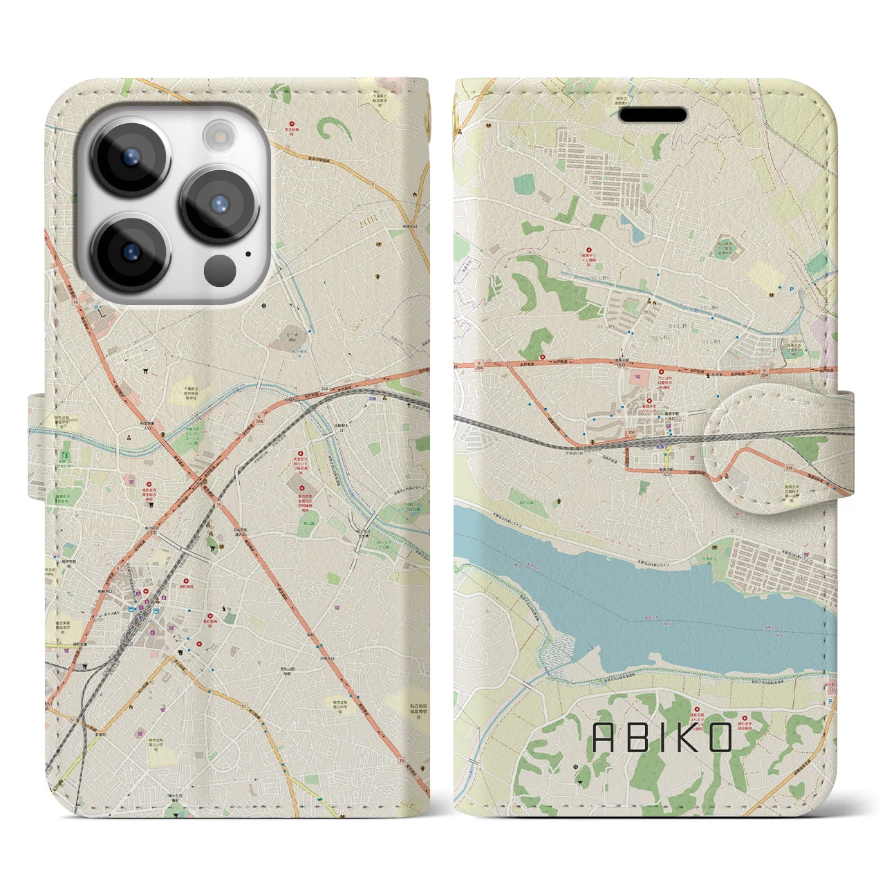 【我孫子(千葉県)】地図柄iPhoneケース(手帳タイプ)ナチュラル・iPhone 14 Pro 用