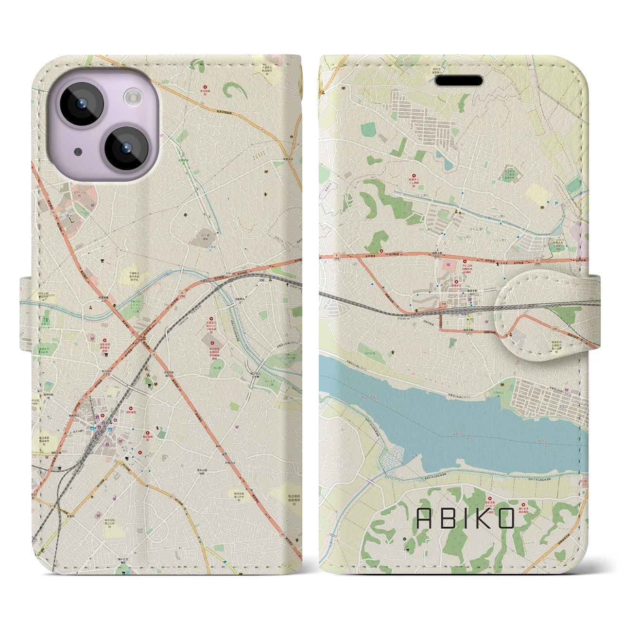 【我孫子(千葉県)】地図柄iPhoneケース(手帳タイプ)ナチュラル・iPhone 14 用