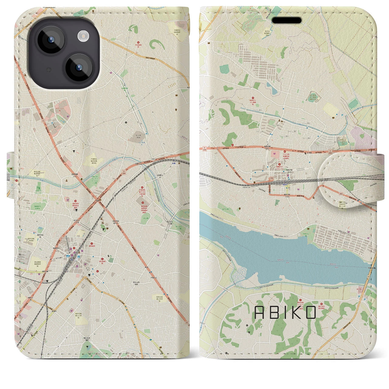 【我孫子(千葉県)】地図柄iPhoneケース(手帳タイプ)ナチュラル・iPhone 14 Plus 用