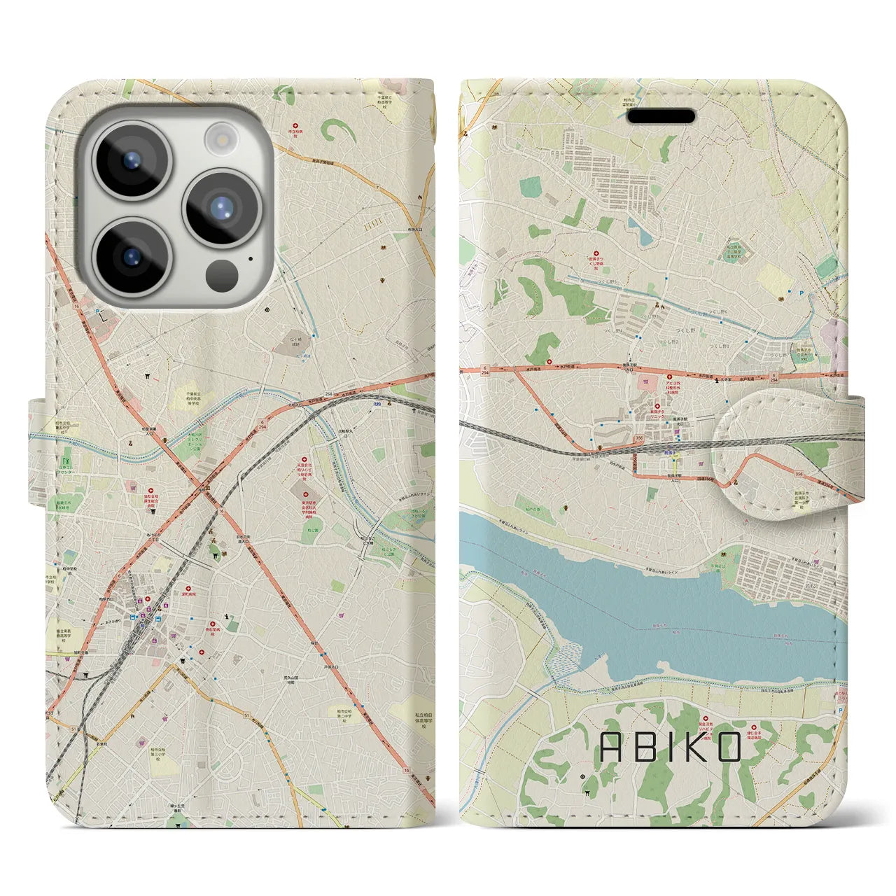 【我孫子(千葉県)】地図柄iPhoneケース(手帳タイプ)ナチュラル・iPhone 15 Pro 用