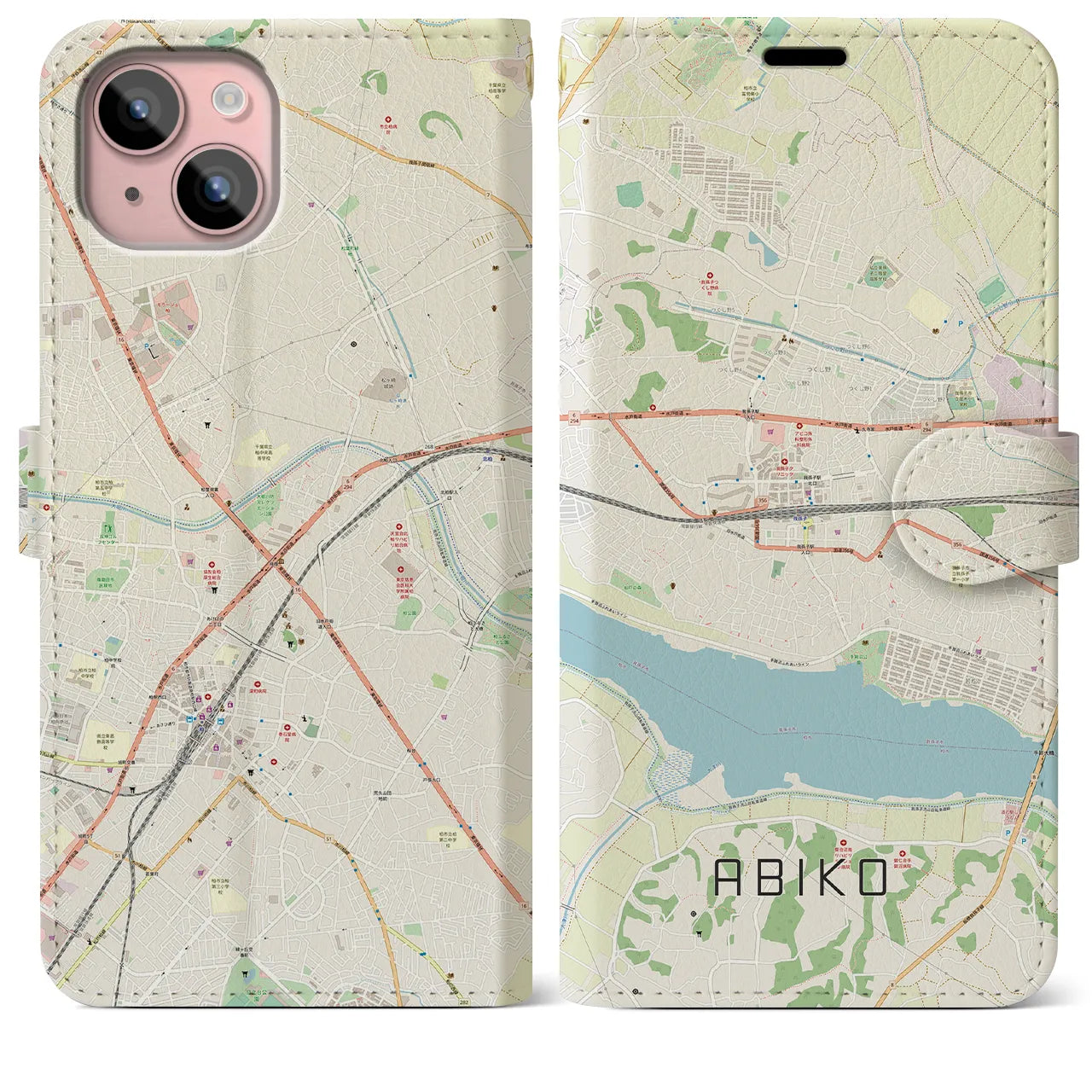 【我孫子(千葉県)】地図柄iPhoneケース(手帳タイプ)ナチュラル・iPhone 15 Plus 用