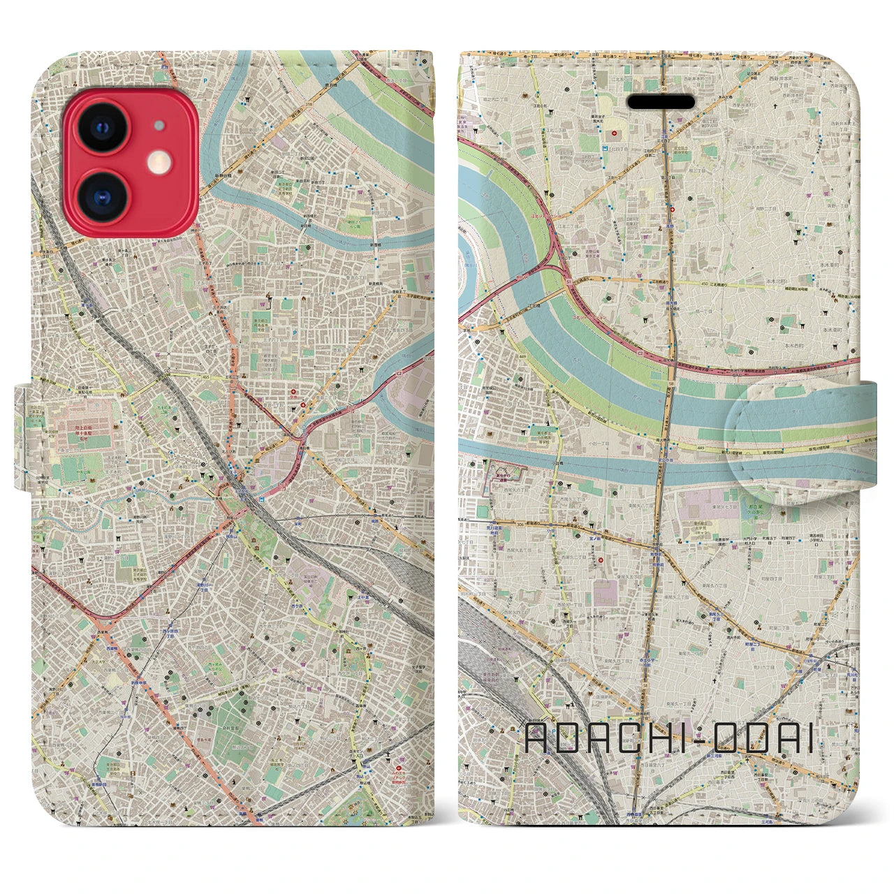 【足立小台(東京都)】地図柄iPhoneケース(手帳タイプ)ナチュラル・iPhone 11 用