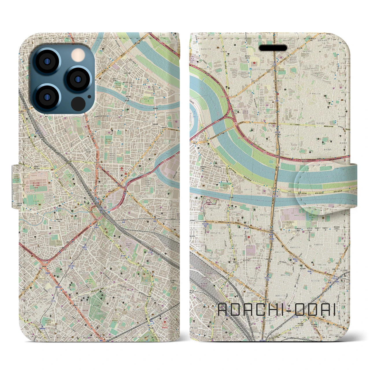 【足立小台(東京都)】地図柄iPhoneケース(手帳タイプ)ナチュラル・iPhone 12 / 12 Pro 用