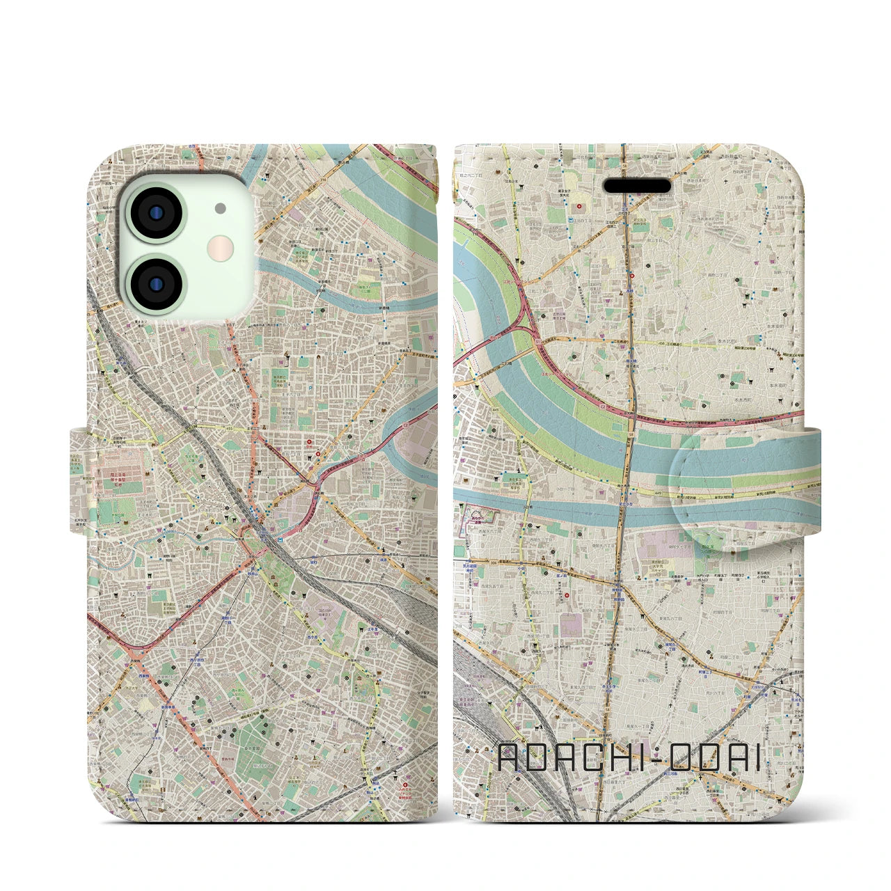 【足立小台(東京都)】地図柄iPhoneケース(手帳タイプ)ナチュラル・iPhone 12 mini 用