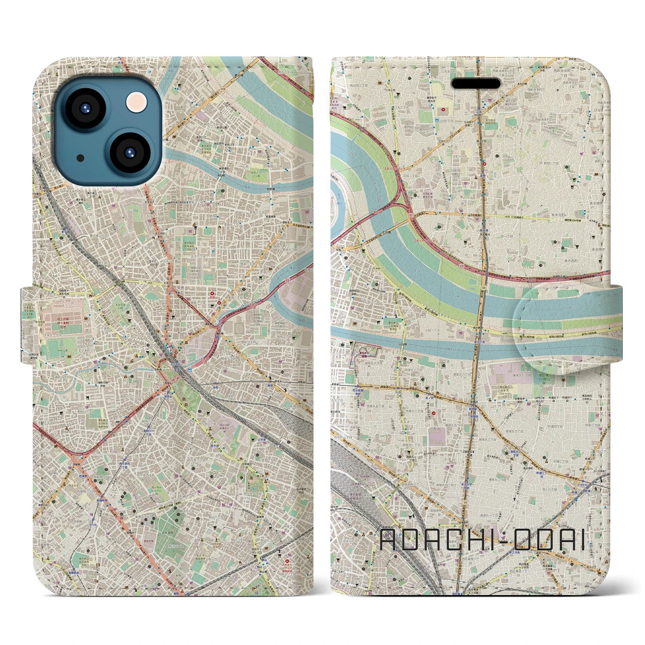 【足立小台(東京都)】地図柄iPhoneケース(手帳タイプ)ナチュラル・iPhone 13 用