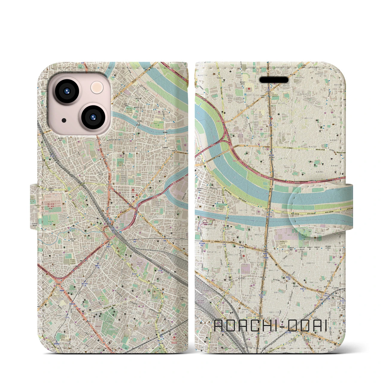 【足立小台(東京都)】地図柄iPhoneケース(手帳タイプ)ナチュラル・iPhone 13 mini 用