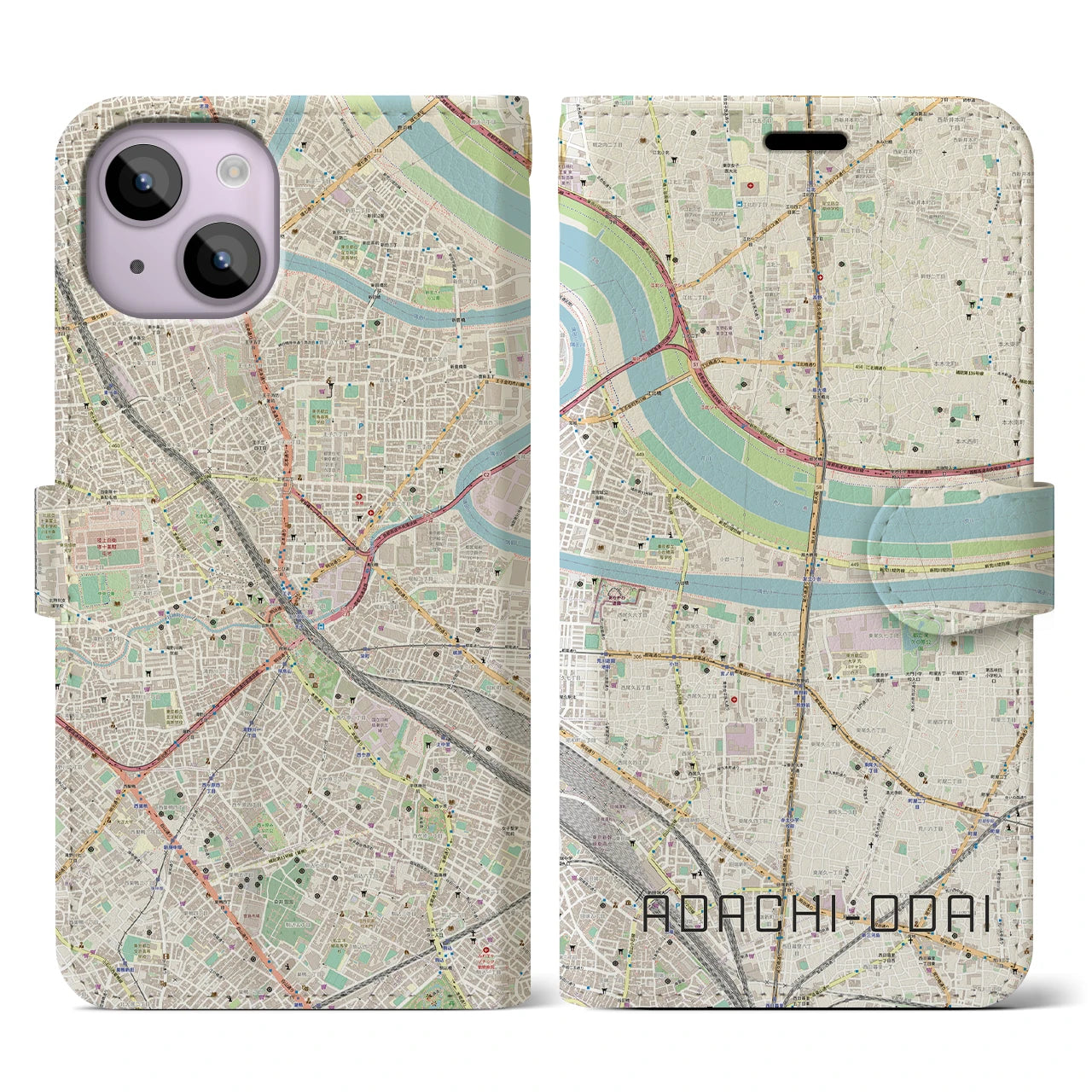 【足立小台(東京都)】地図柄iPhoneケース(手帳タイプ)ナチュラル・iPhone 14 用