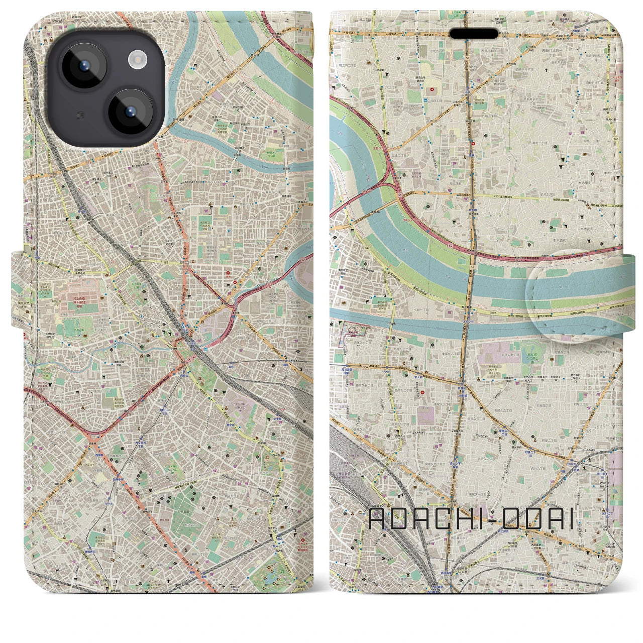 【足立小台(東京都)】地図柄iPhoneケース(手帳タイプ)ナチュラル・iPhone 14 Plus 用