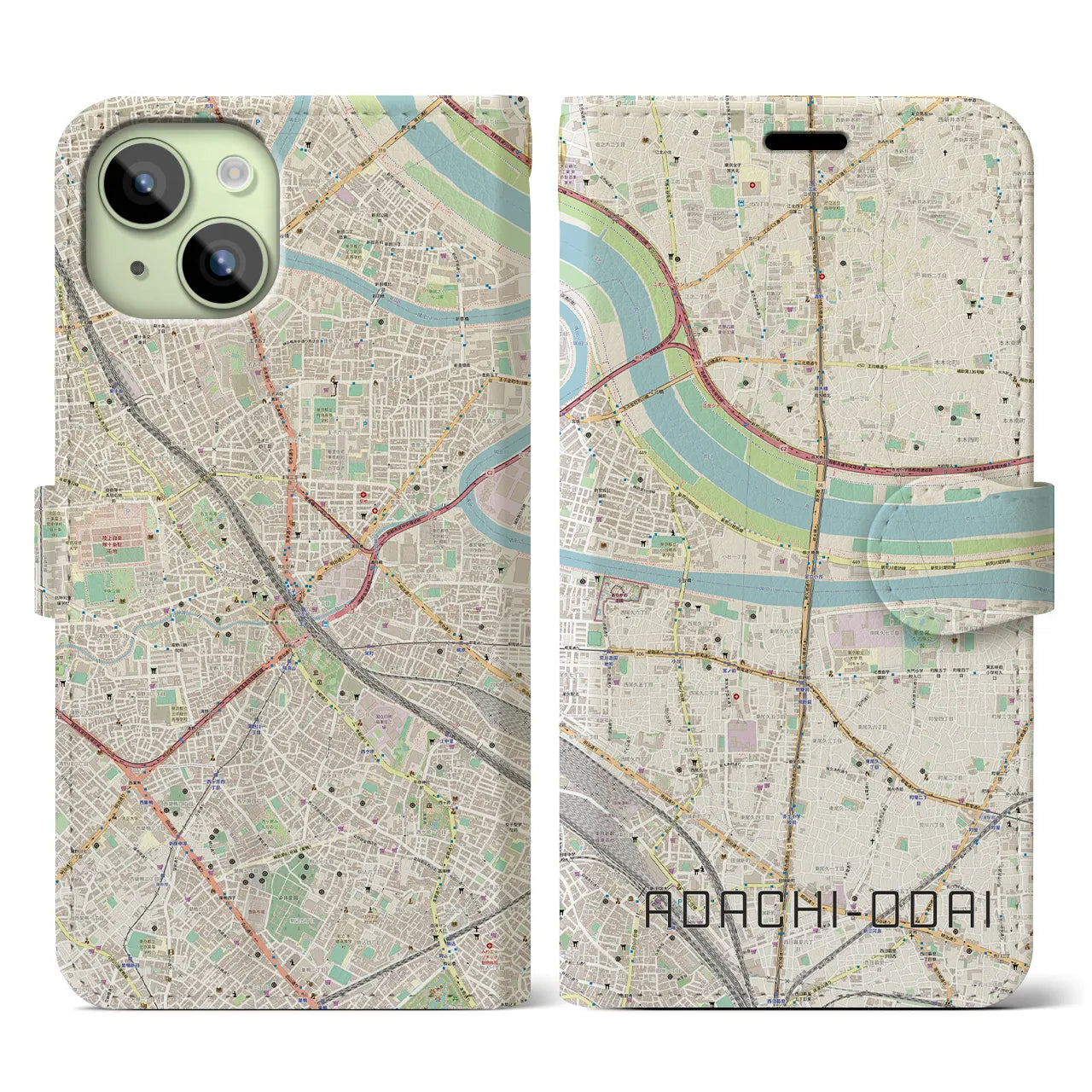 【足立小台(東京都)】地図柄iPhoneケース(手帳タイプ)ナチュラル・iPhone 15 用