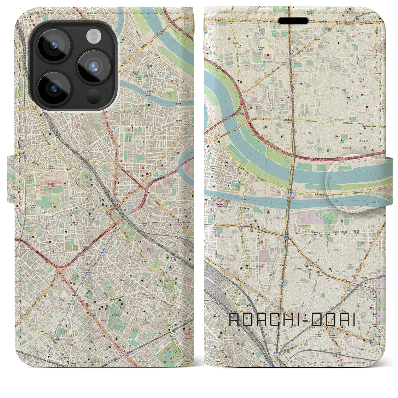 【足立小台(東京都)】地図柄iPhoneケース(手帳タイプ)ナチュラル・iPhone 15 Pro Max 用
