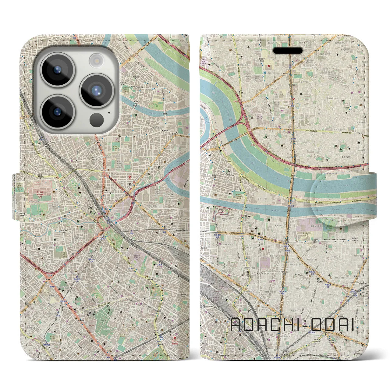 【足立小台(東京都)】地図柄iPhoneケース(手帳タイプ)ナチュラル・iPhone 15 Pro 用