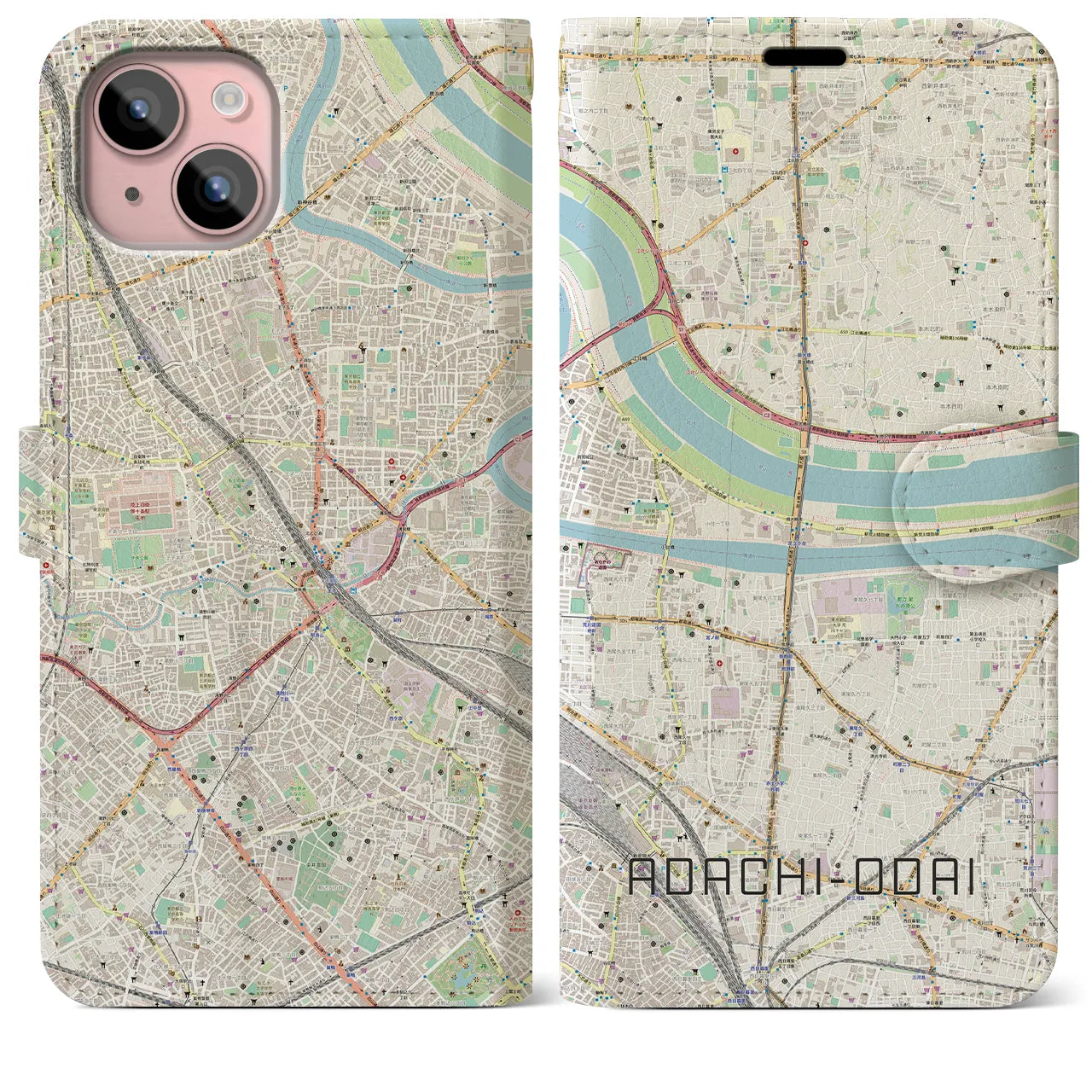 【足立小台(東京都)】地図柄iPhoneケース(手帳タイプ)ナチュラル・iPhone 15 Plus 用