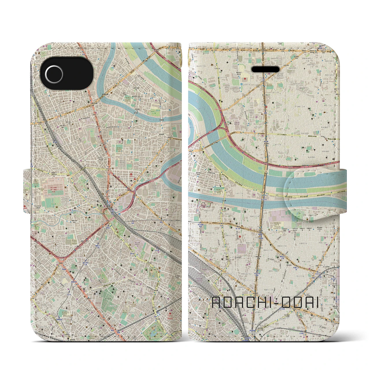 【足立小台(東京都)】地図柄iPhoneケース(手帳タイプ)ナチュラル・iPhone SE(第3 / 第2世代) / 8 / 7 / 6s / 6 用