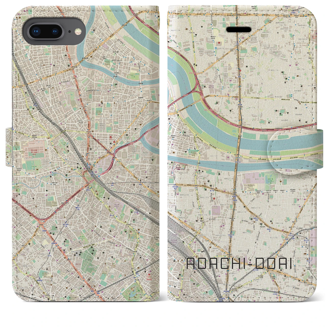 【足立小台(東京都)】地図柄iPhoneケース(手帳タイプ)ナチュラル・iPhone 8Plus /7Plus / 6sPlus / 6Plus 用