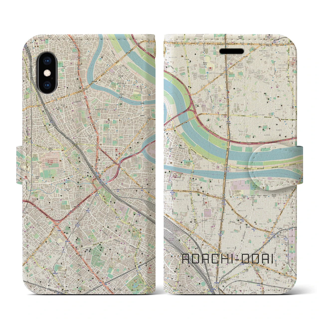 【足立小台(東京都)】地図柄iPhoneケース(手帳タイプ)ナチュラル・iPhone XS / X 用