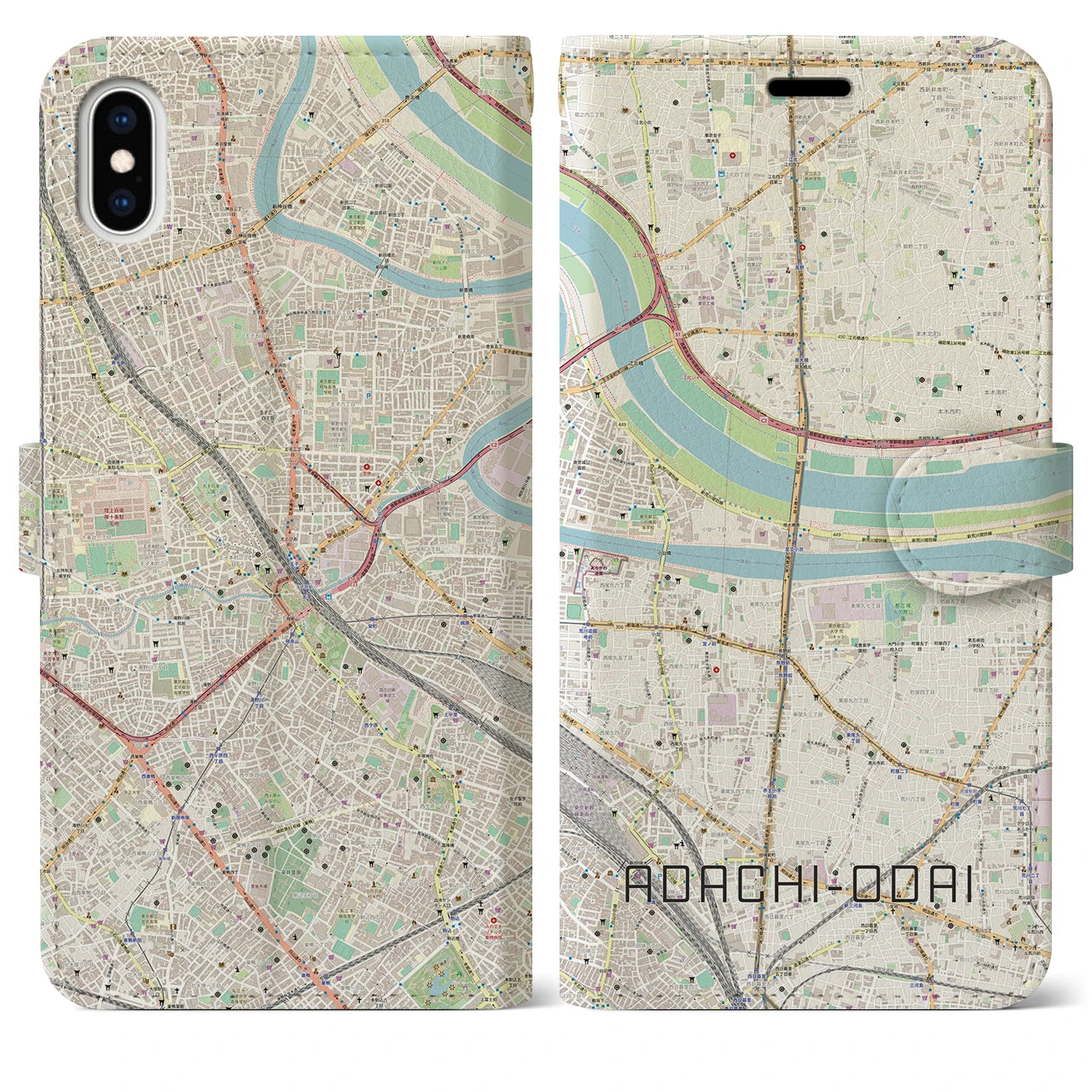 【足立小台(東京都)】地図柄iPhoneケース(手帳タイプ)ナチュラル・iPhone XS Max 用