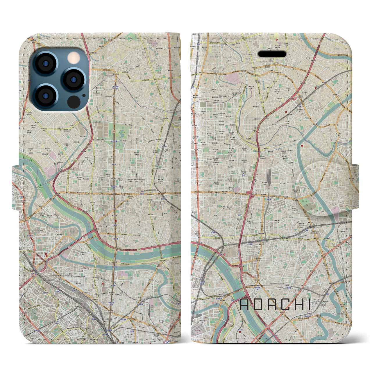 【足立(東京都)】地図柄iPhoneケース(手帳タイプ)ナチュラル・iPhone 12 / 12 Pro 用