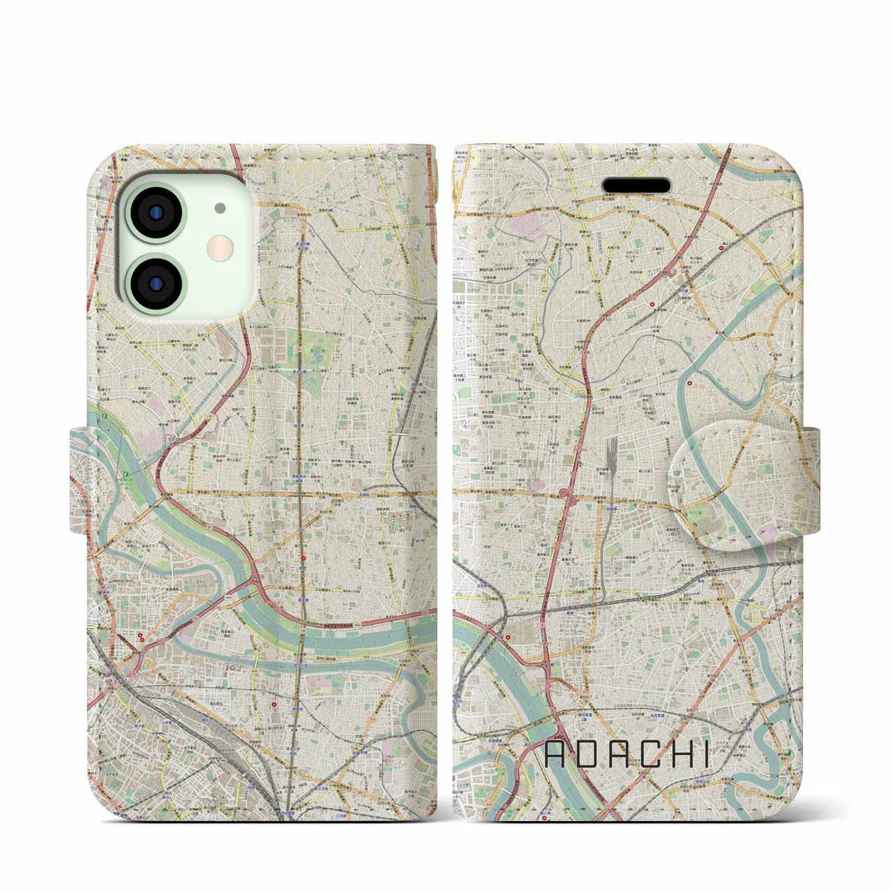 【足立(東京都)】地図柄iPhoneケース(手帳タイプ)ナチュラル・iPhone 12 mini 用