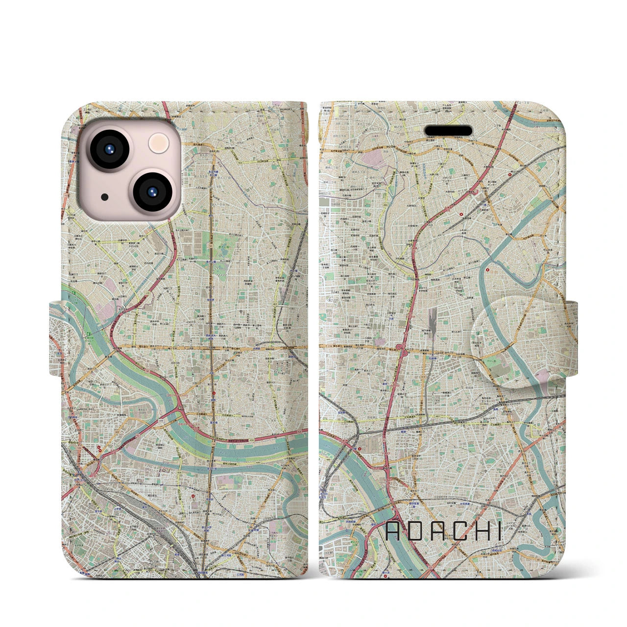 【足立(東京都)】地図柄iPhoneケース(手帳タイプ)ナチュラル・iPhone 13 mini 用