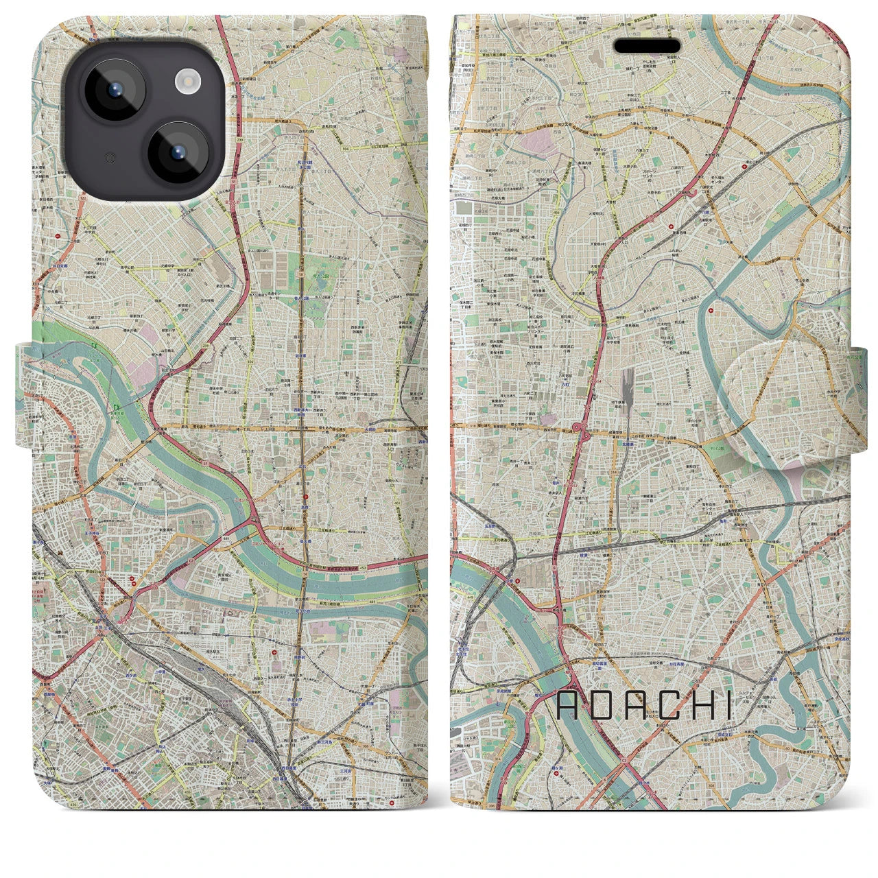 【足立(東京都)】地図柄iPhoneケース(手帳タイプ)ナチュラル・iPhone 14 Plus 用