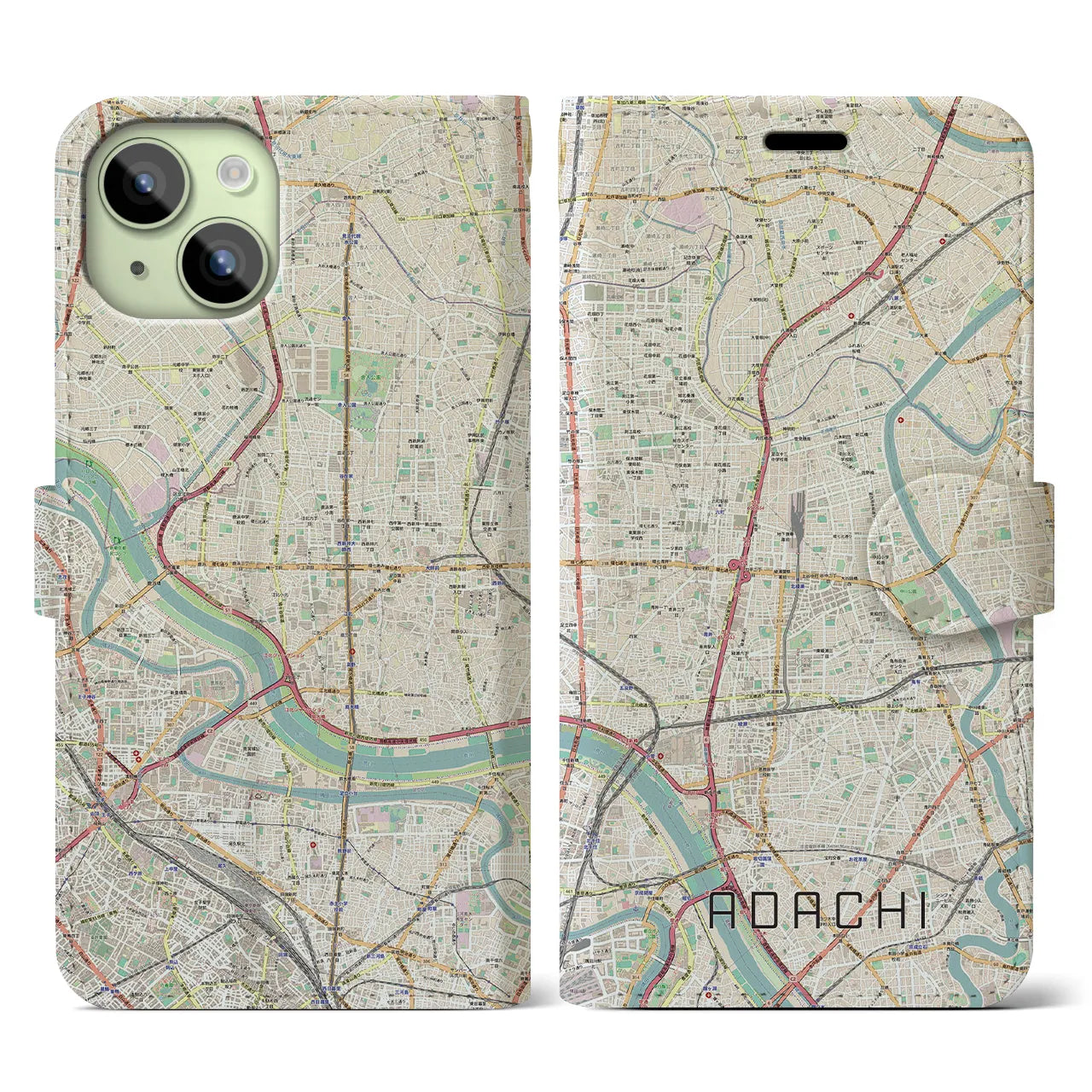 【足立(東京都)】地図柄iPhoneケース(手帳タイプ)ナチュラル・iPhone 15 用