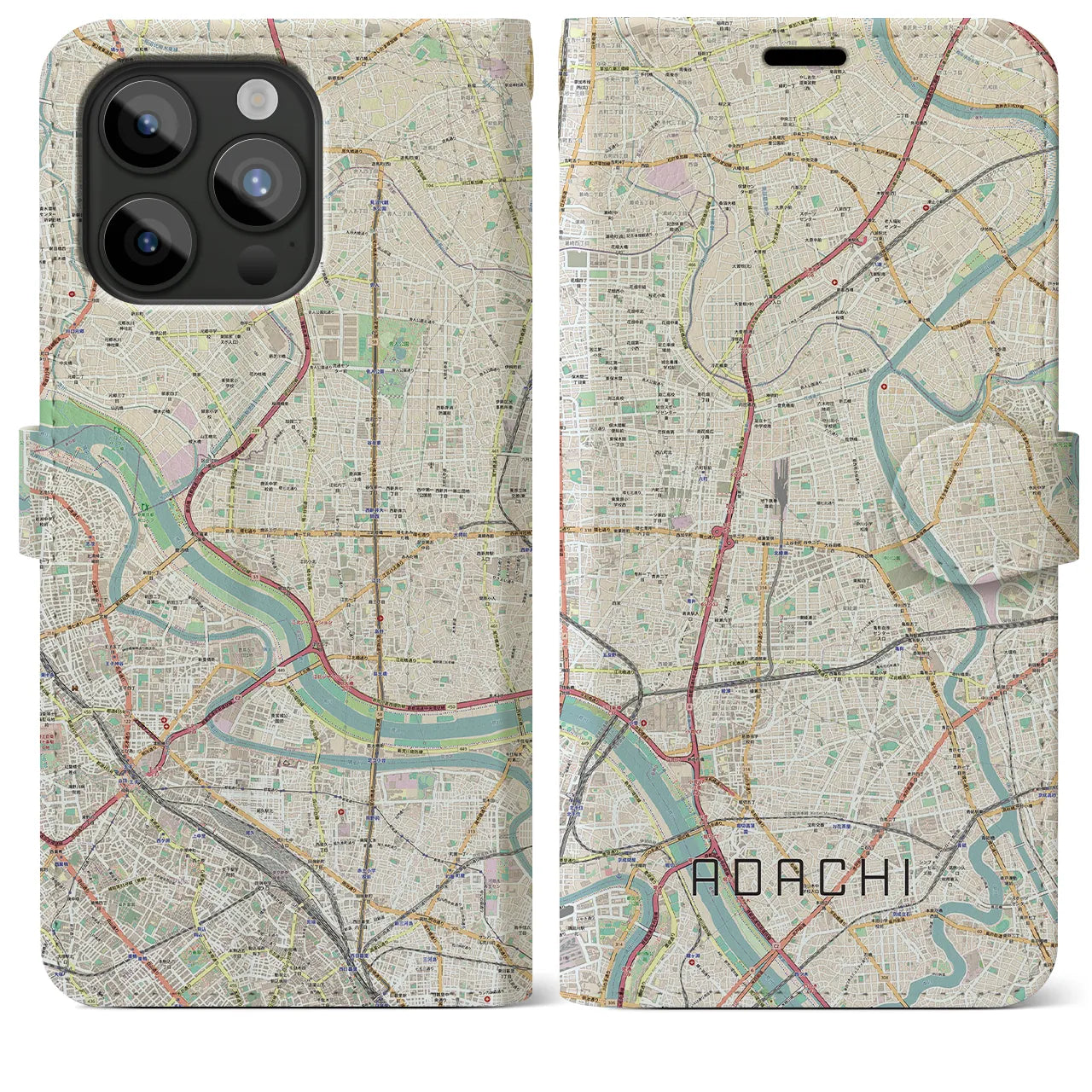 【足立(東京都)】地図柄iPhoneケース(手帳タイプ)ナチュラル・iPhone 15 Pro Max 用