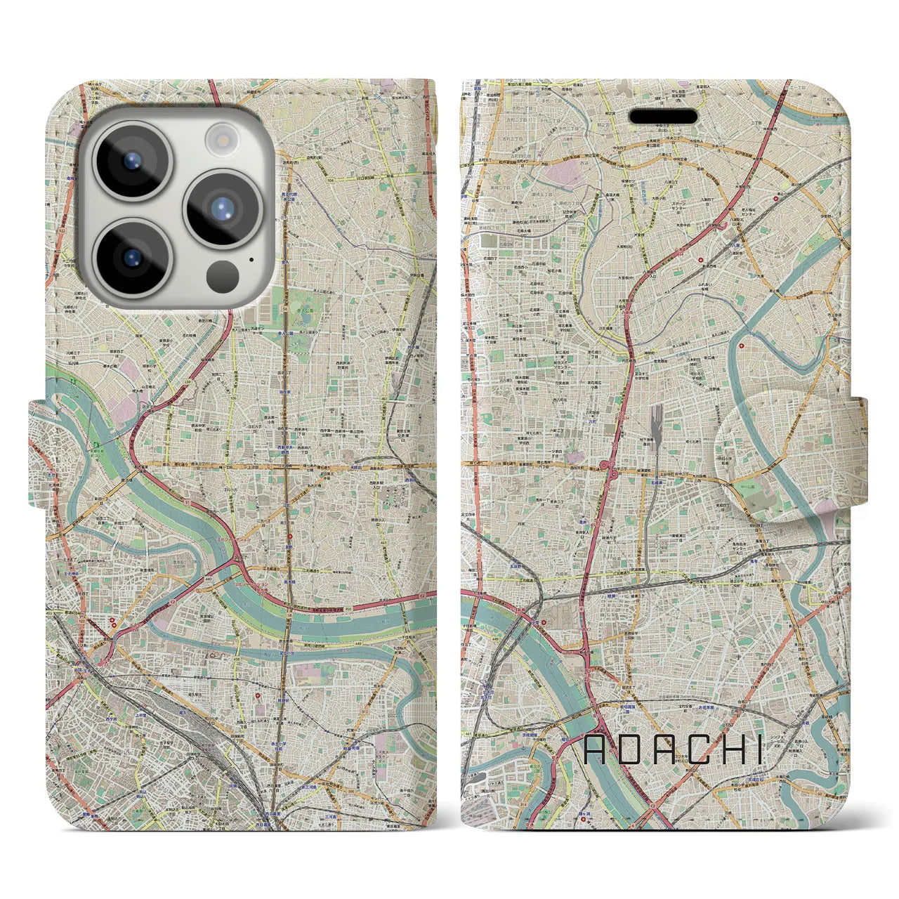 【足立(東京都)】地図柄iPhoneケース(手帳タイプ)ナチュラル・iPhone 15 Pro 用