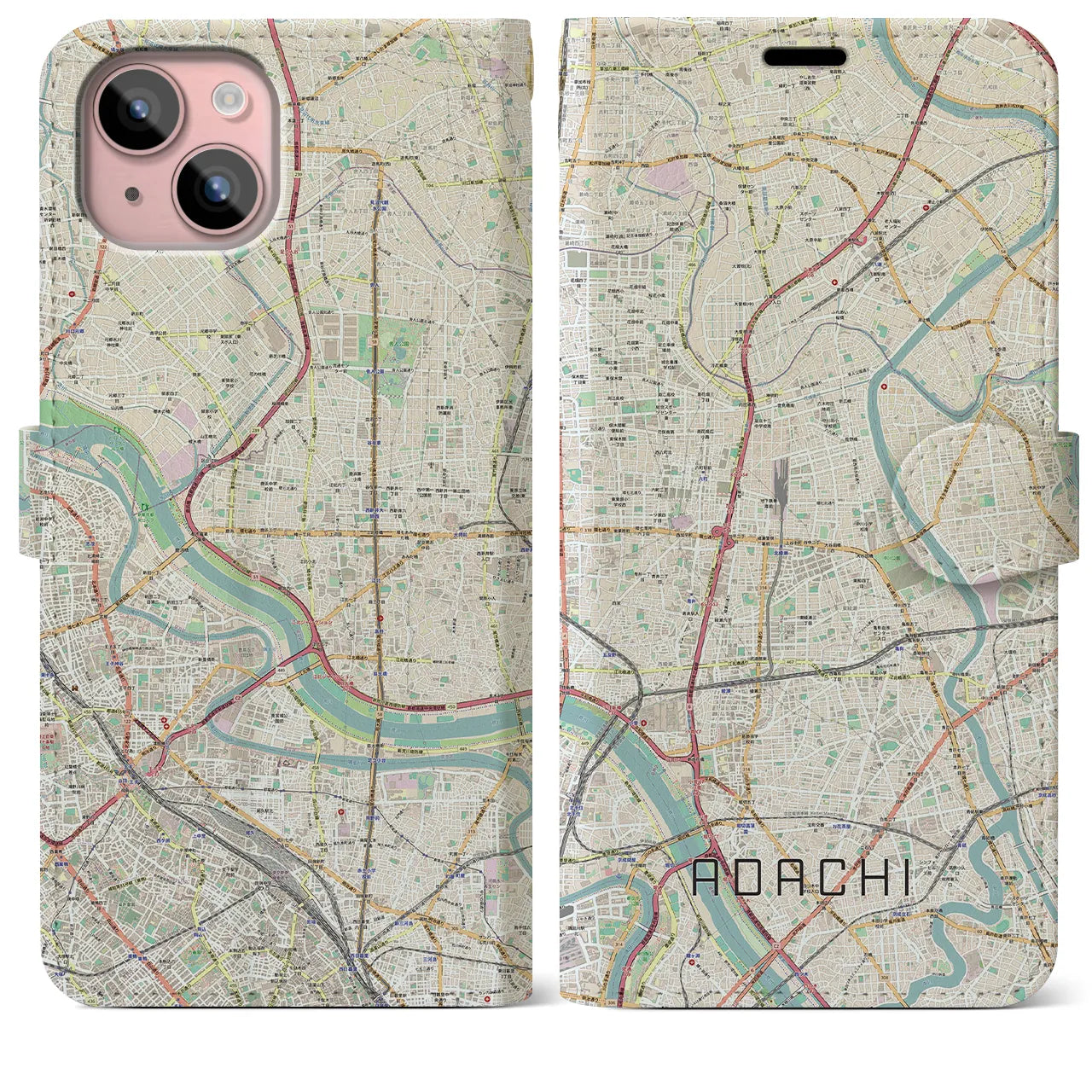 【足立(東京都)】地図柄iPhoneケース(手帳タイプ)ナチュラル・iPhone 15 Plus 用