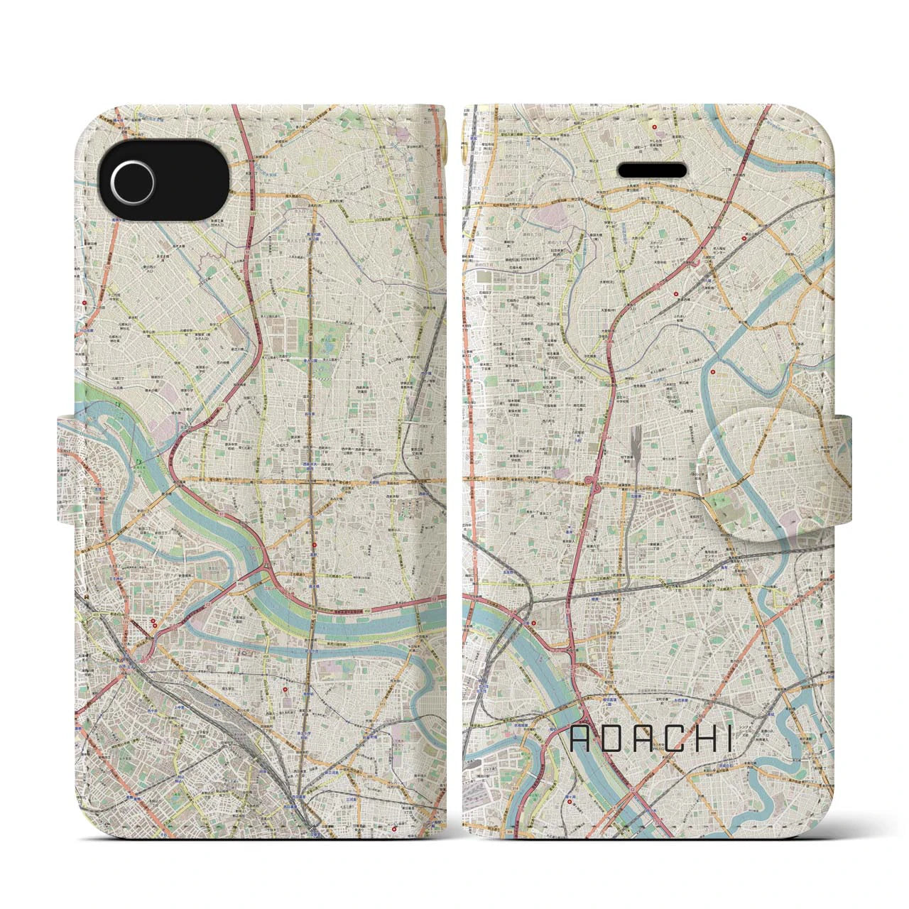 【足立(東京都)】地図柄iPhoneケース(手帳タイプ)ナチュラル・iPhone SE(第3 / 第2世代) / 8 / 7 / 6s / 6 用