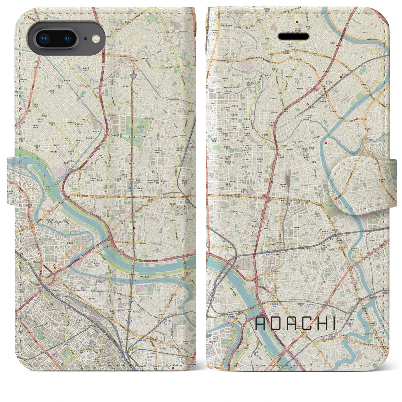 【足立(東京都)】地図柄iPhoneケース(手帳タイプ)ナチュラル・iPhone 8Plus /7Plus / 6sPlus / 6Plus 用