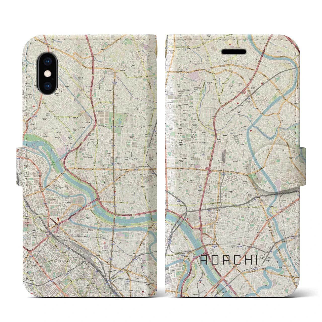 【足立(東京都)】地図柄iPhoneケース(手帳タイプ)ナチュラル・iPhone XS / X 用