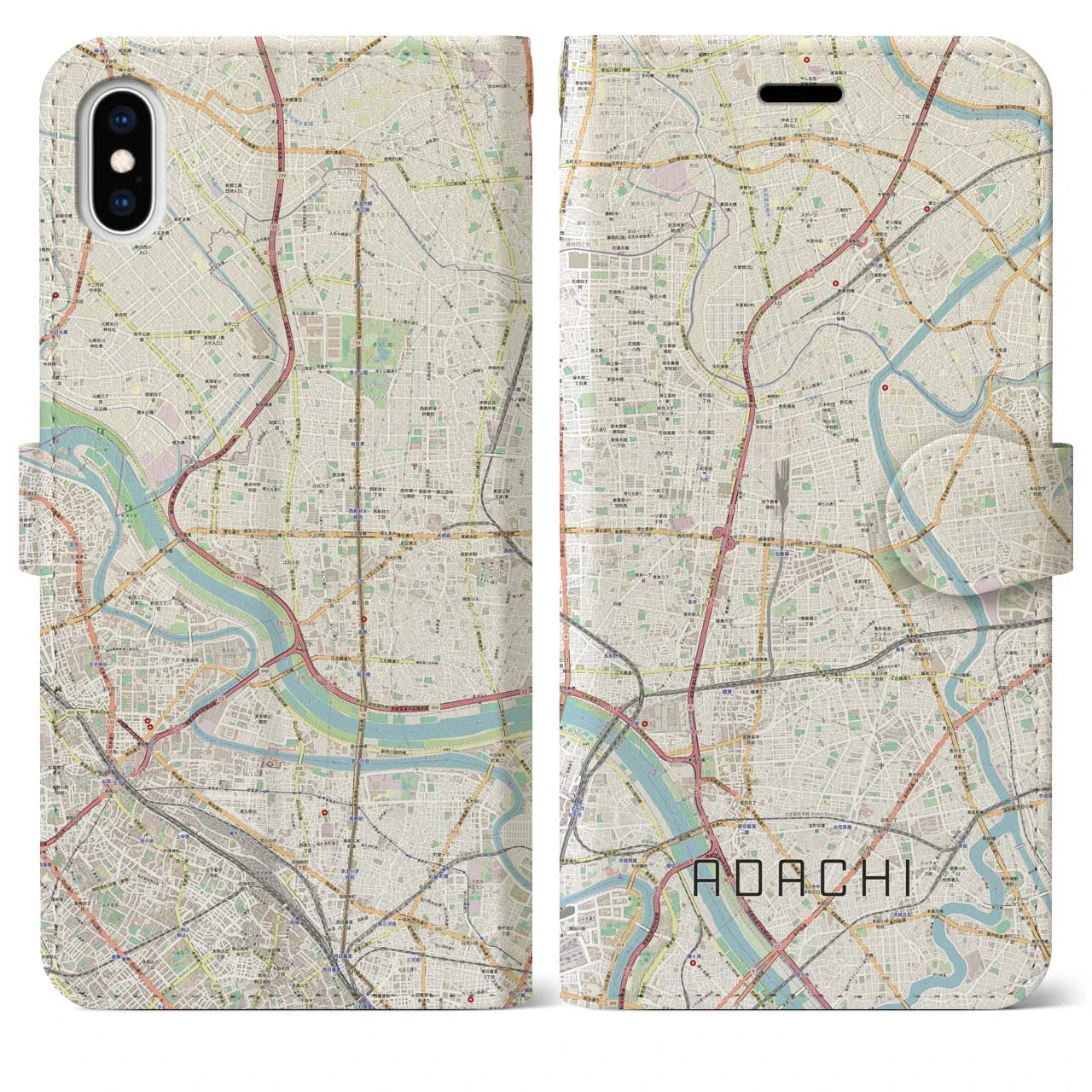 【足立(東京都)】地図柄iPhoneケース(手帳タイプ)ナチュラル・iPhone XS Max 用