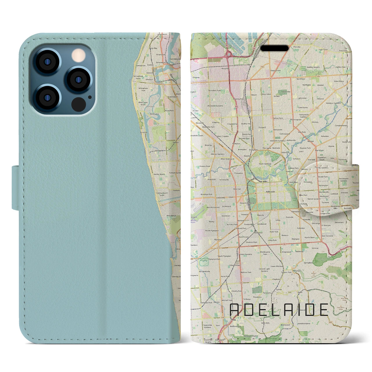 【アデレード(オーストラリア)】地図柄iPhoneケース(手帳タイプ)ナチュラル・iPhone 12 / 12 Pro 用