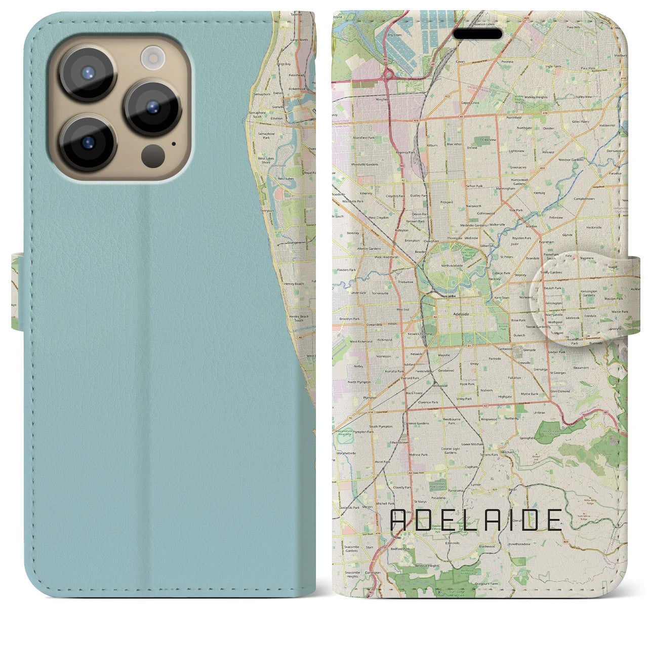 【アデレード(オーストラリア)】地図柄iPhoneケース(手帳タイプ)ナチュラル・iPhone 14 Pro Max 用