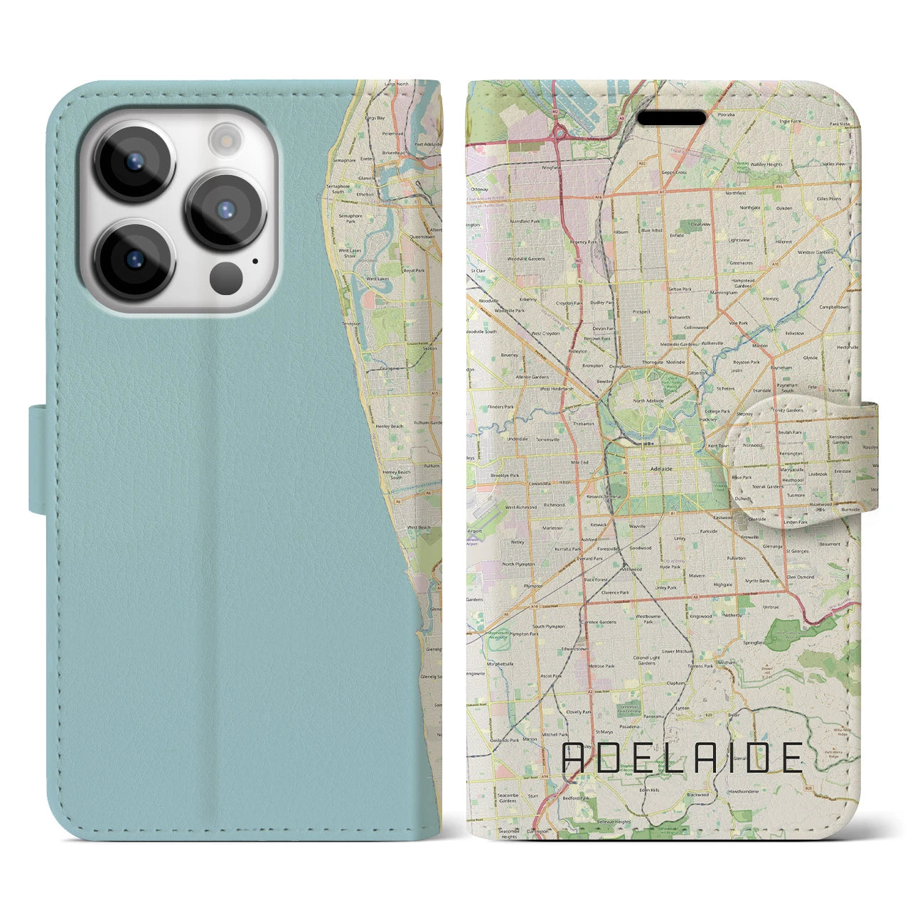 【アデレード(オーストラリア)】地図柄iPhoneケース(手帳タイプ)ナチュラル・iPhone 14 Pro 用