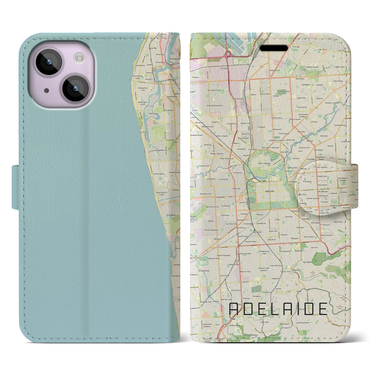 【アデレード(オーストラリア)】地図柄iPhoneケース(手帳タイプ)ナチュラル・iPhone 14 用