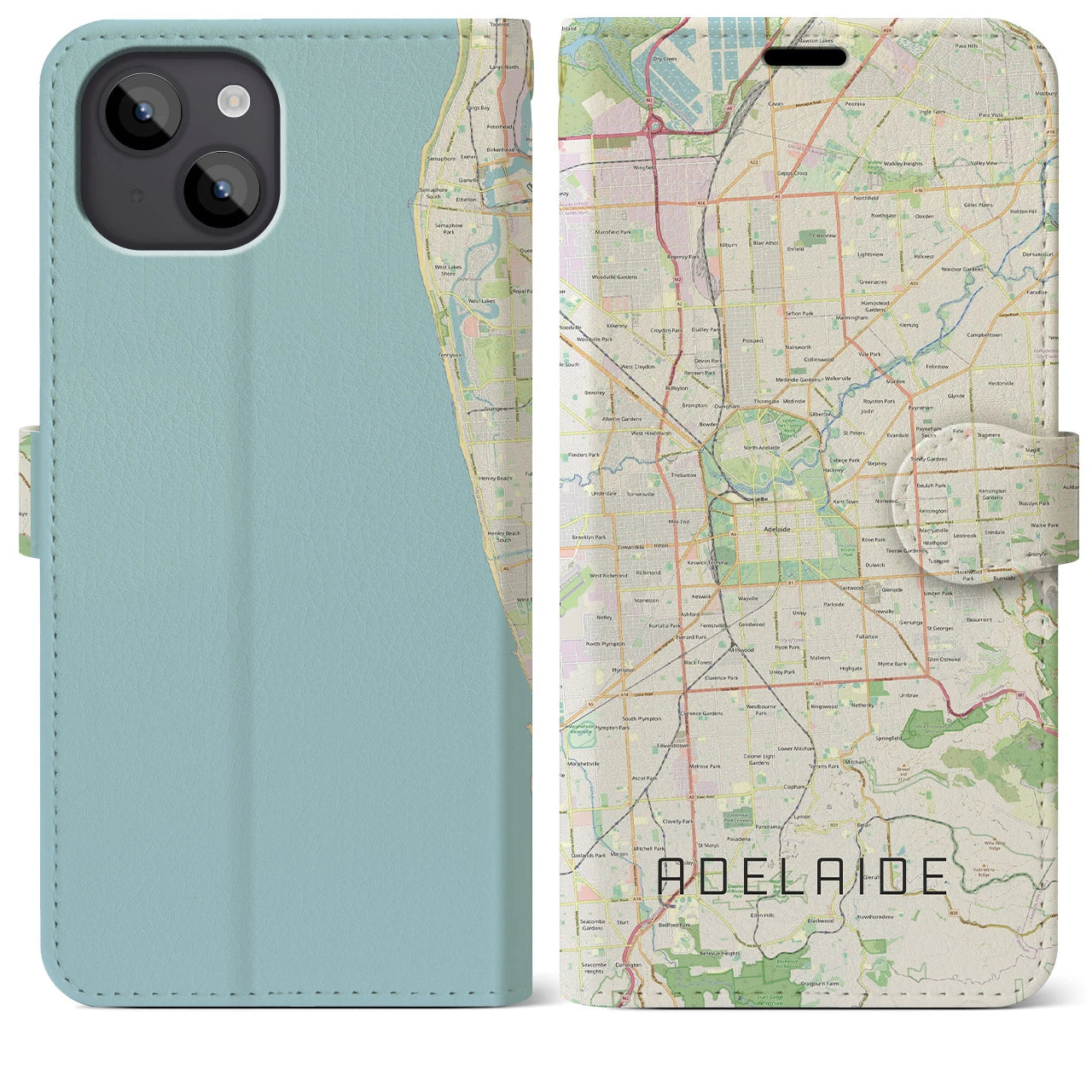 【アデレード(オーストラリア)】地図柄iPhoneケース(手帳タイプ)ナチュラル・iPhone 14 Plus 用