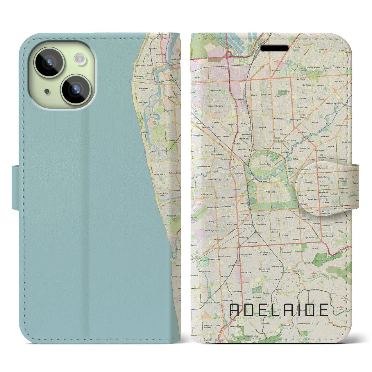 【アデレード(オーストラリア)】地図柄iPhoneケース(手帳タイプ)ナチュラル・iPhone 15 用