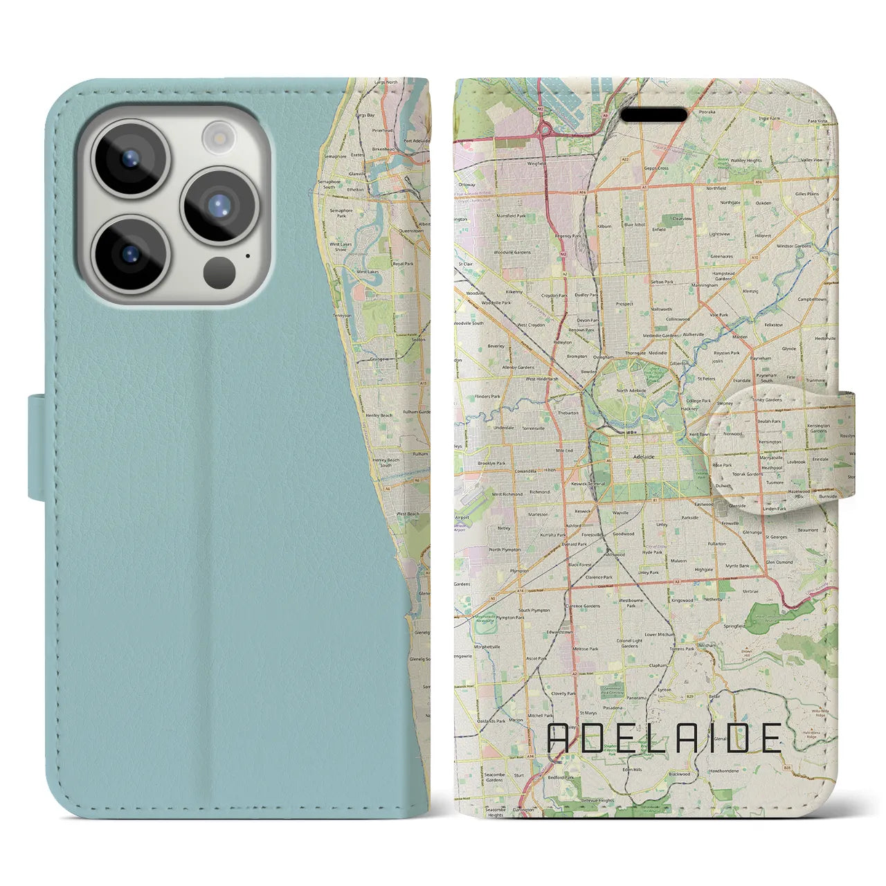 【アデレード(オーストラリア)】地図柄iPhoneケース(手帳タイプ)ナチュラル・iPhone 15 Pro 用