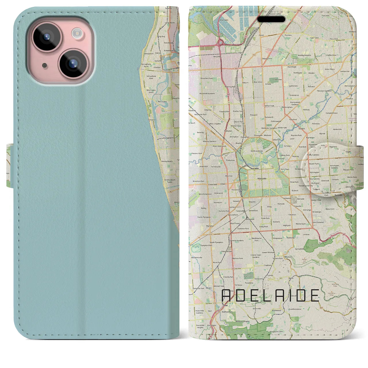 【アデレード(オーストラリア)】地図柄iPhoneケース(手帳タイプ)ナチュラル・iPhone 15 Plus 用