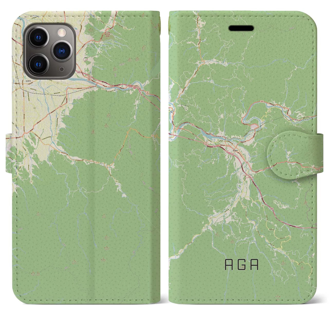 【阿賀(新潟県)】地図柄iPhoneケース(手帳タイプ)ナチュラル・iPhone 11 Pro Max 用