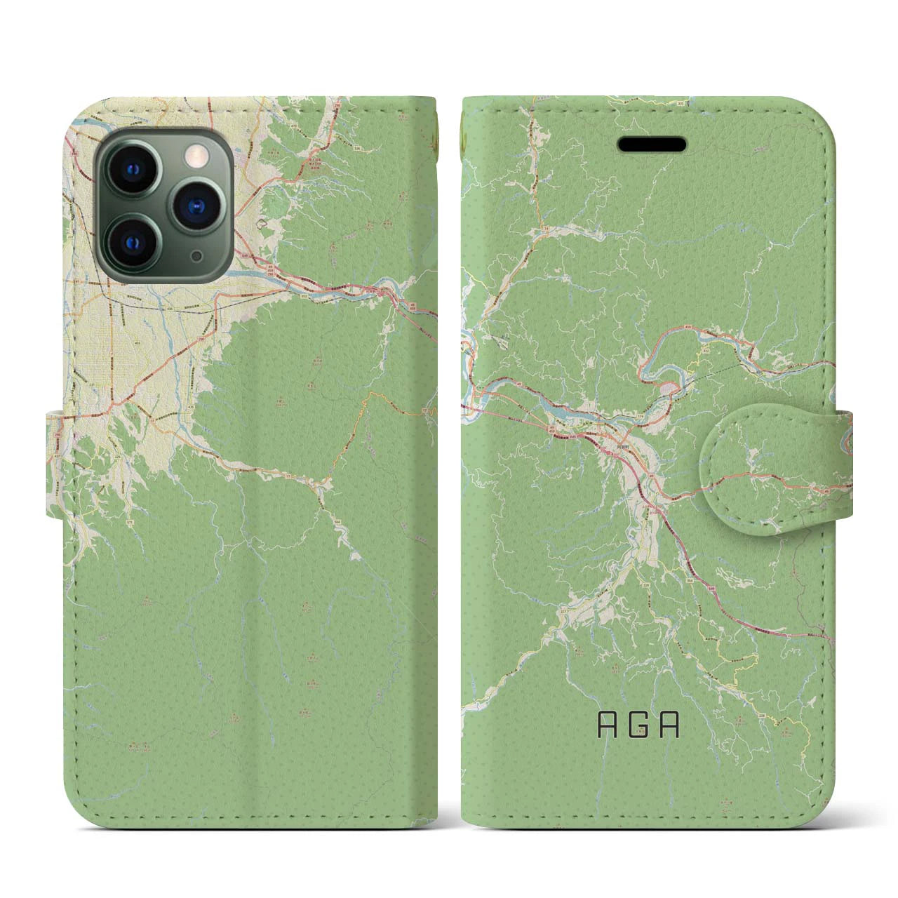 【阿賀(新潟県)】地図柄iPhoneケース(手帳タイプ)ナチュラル・iPhone 11 Pro 用