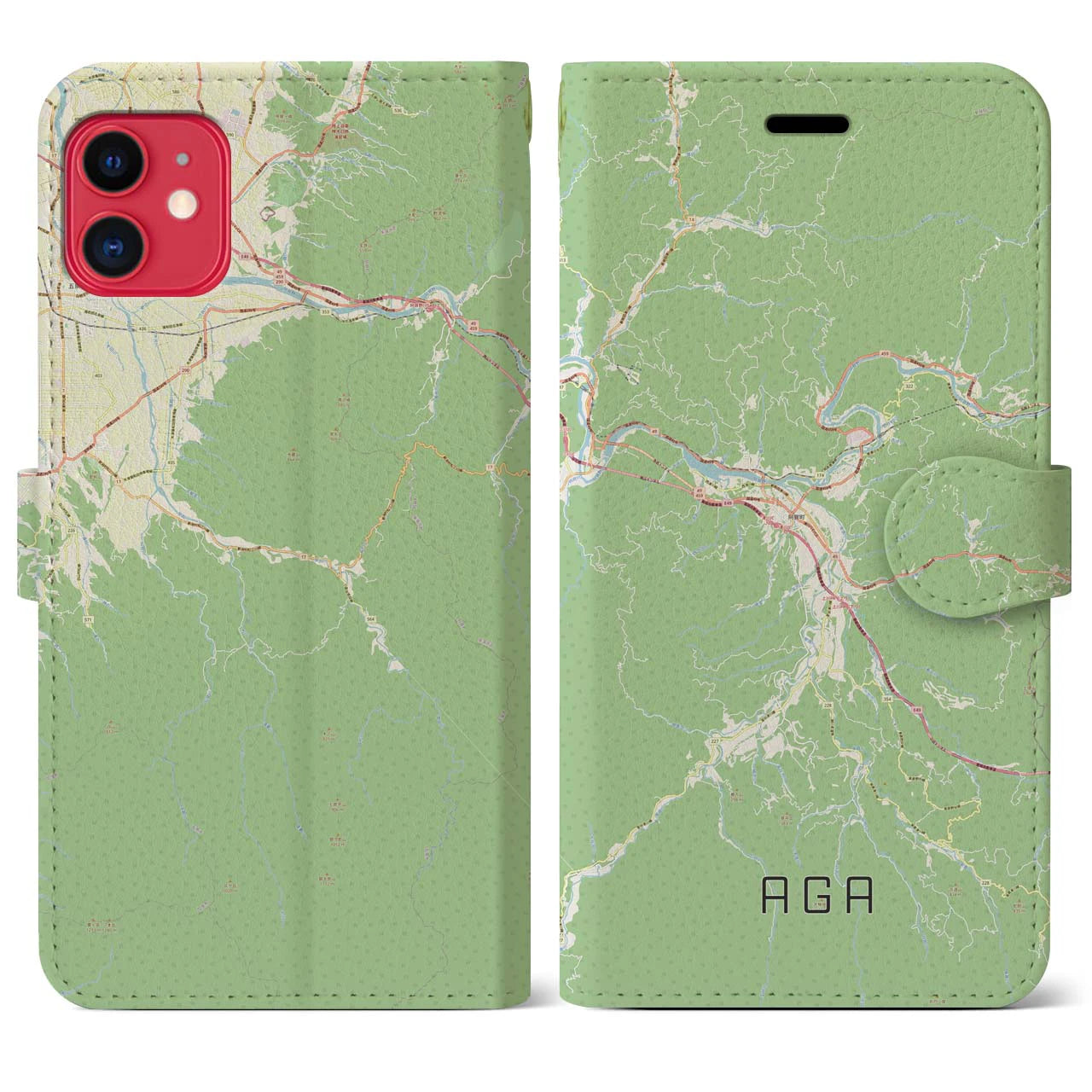 【阿賀(新潟県)】地図柄iPhoneケース(手帳タイプ)ナチュラル・iPhone 11 用