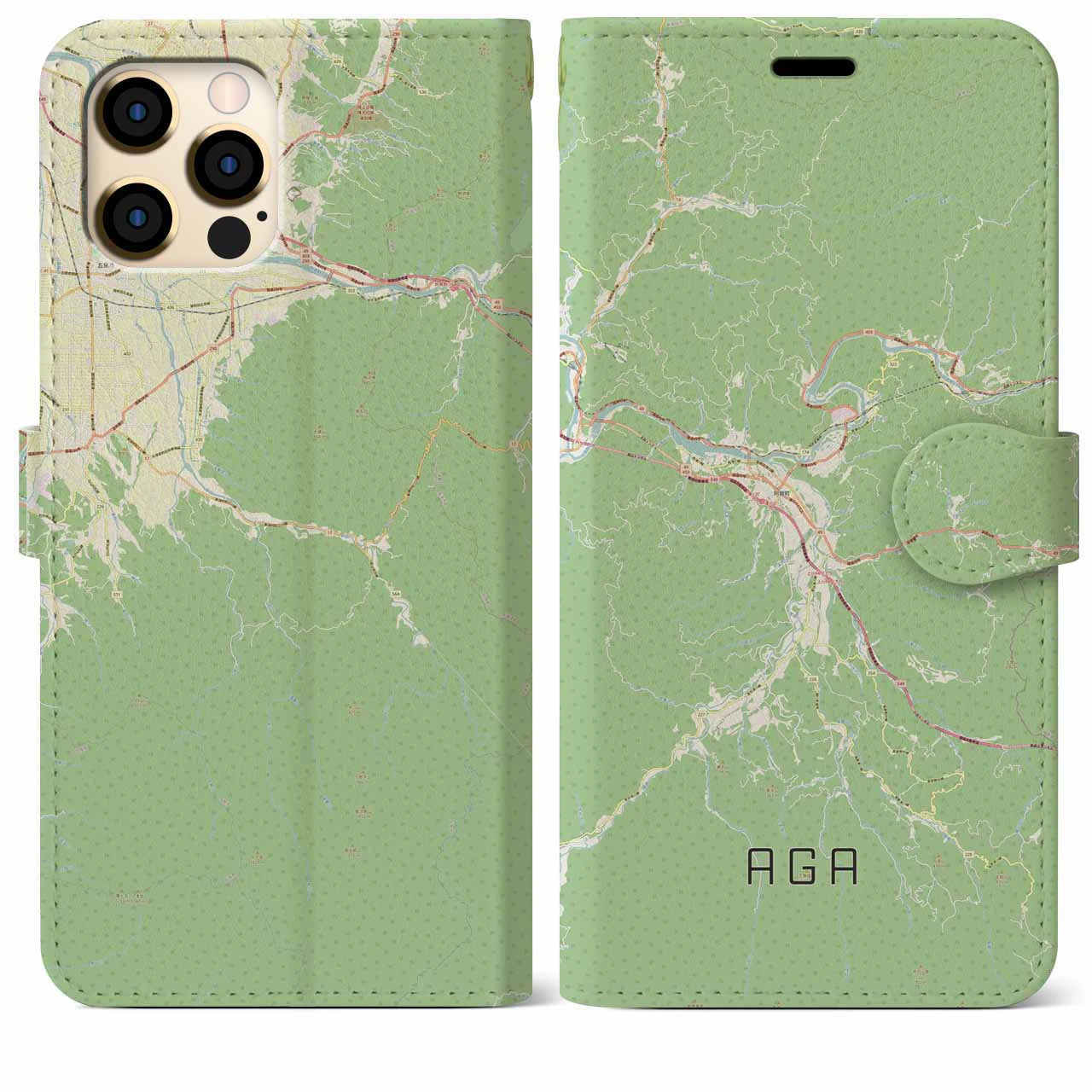 【阿賀(新潟県)】地図柄iPhoneケース(手帳タイプ)ナチュラル・iPhone 12 Pro Max 用