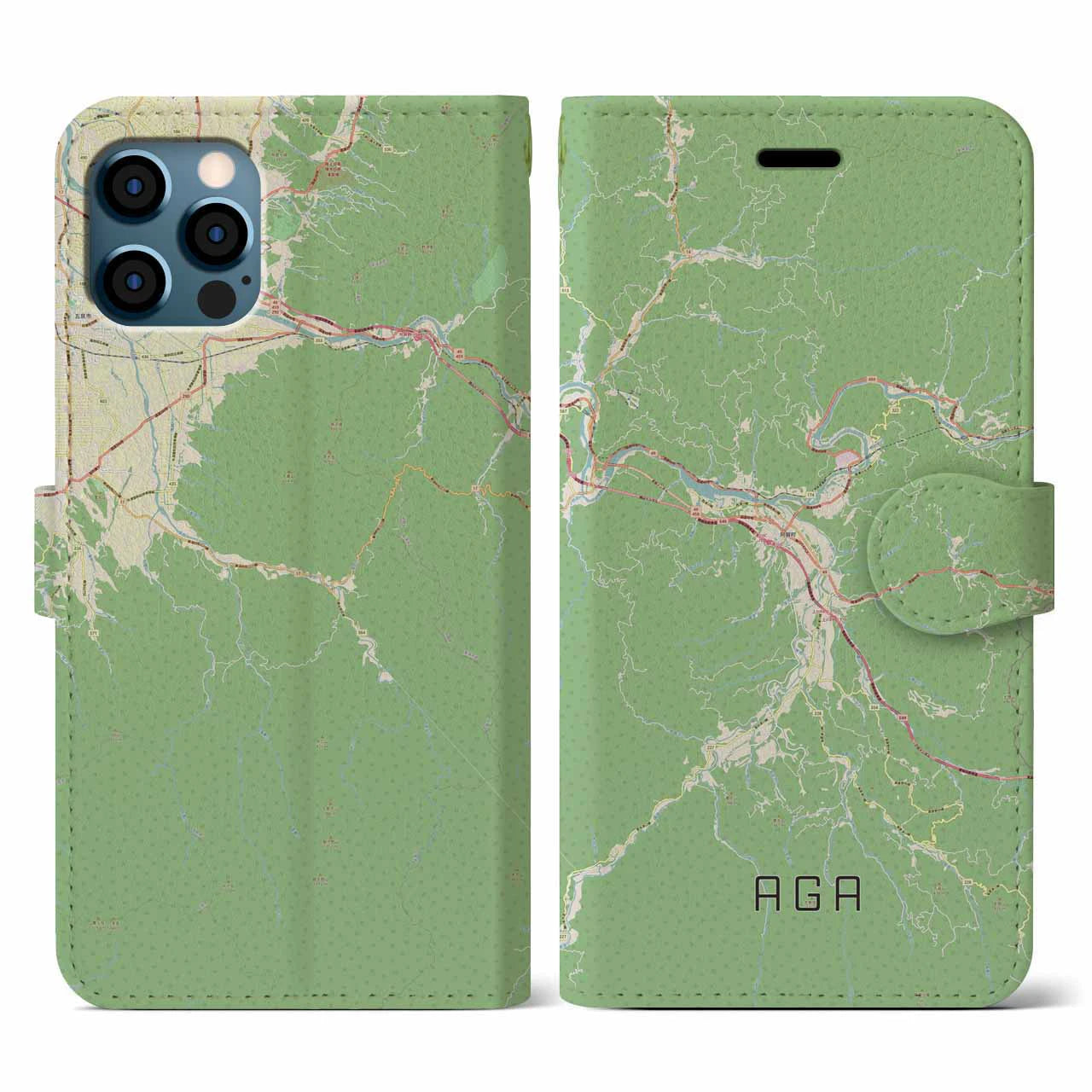 【阿賀(新潟県)】地図柄iPhoneケース(手帳タイプ)ナチュラル・iPhone 12 / 12 Pro 用