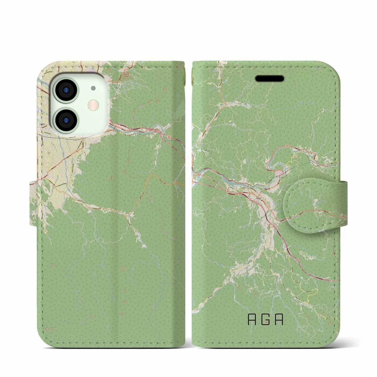 【阿賀(新潟県)】地図柄iPhoneケース(手帳タイプ)ナチュラル・iPhone 12 mini 用