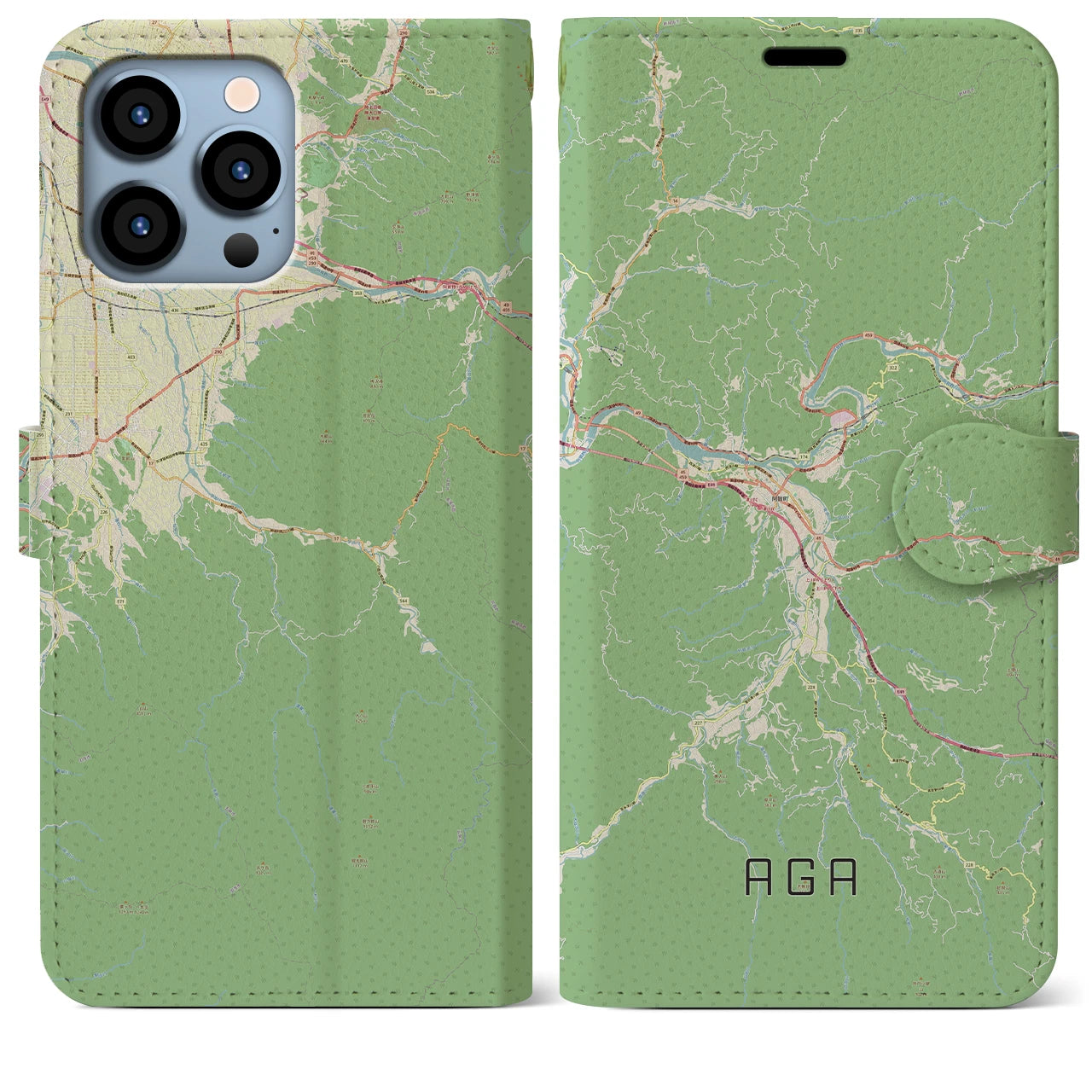 【阿賀(新潟県)】地図柄iPhoneケース(手帳タイプ)ナチュラル・iPhone 13 Pro Max 用